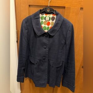 J. Crew Navy Blue Pea Coat with Colorful Polka Dot Lining